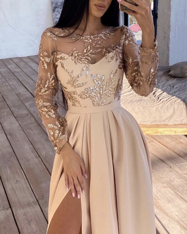 long sleeve champagne dress